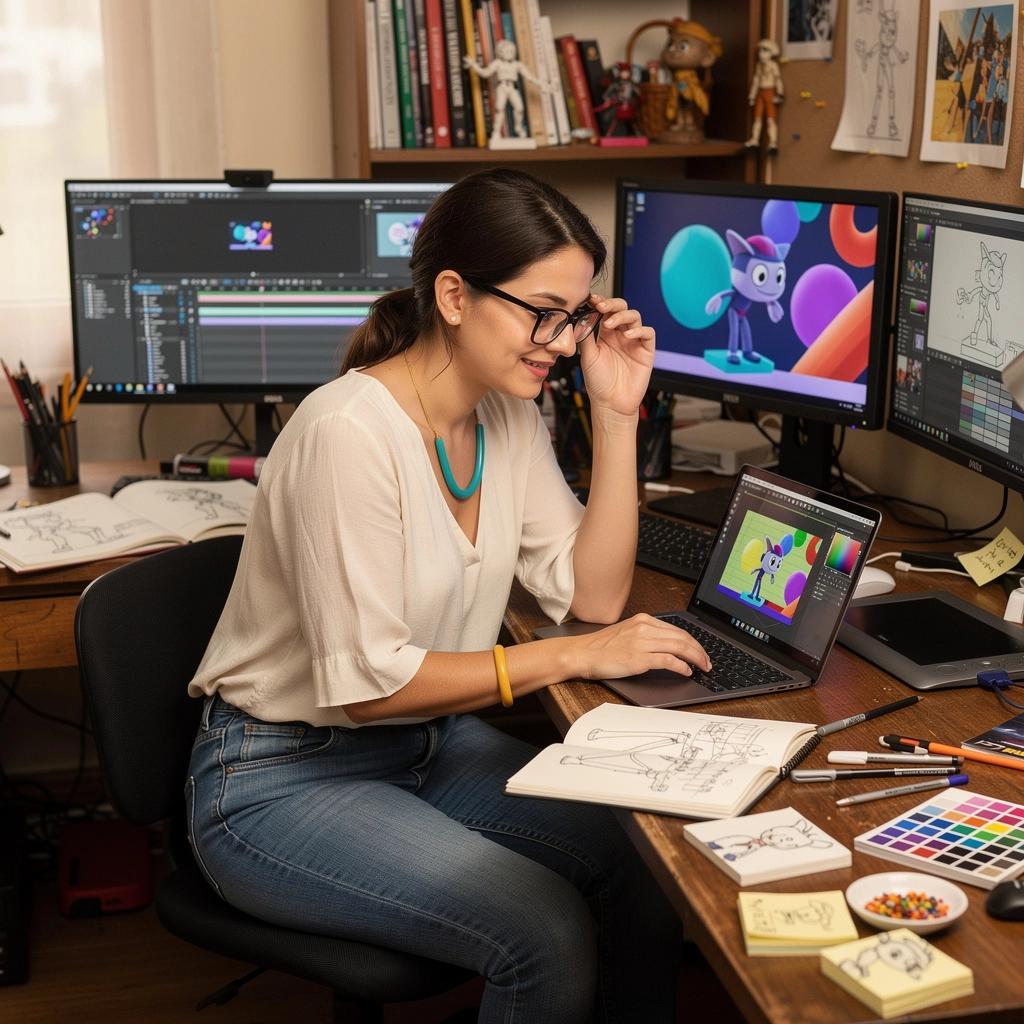 Ein kreatives Studio mit verschiedenen Animationstools und Software auf einem Tisch.