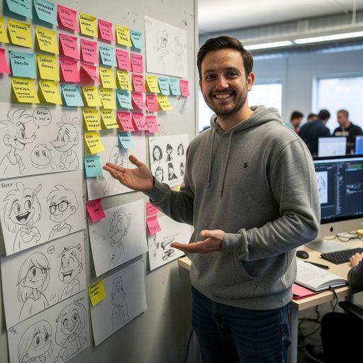 Ein Teilnehmer, der seine Arbeiten während einer Präsentation zeigt und Feedback erhält.